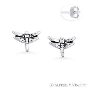 Dragonfly Insect Luck Charm Stud Earrings in Oxidized .925 Sterling Silver